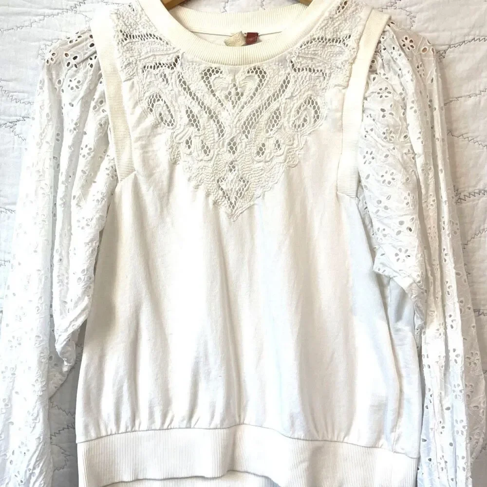 Anthropologie Cream Cotton Crochet Blouse SZ S